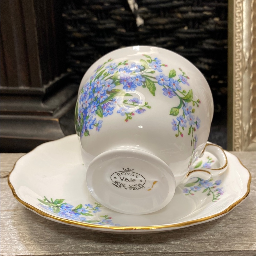 Vintage Royal Vale England Forget Me Nots Teacup and Saucer Set White and Blue!